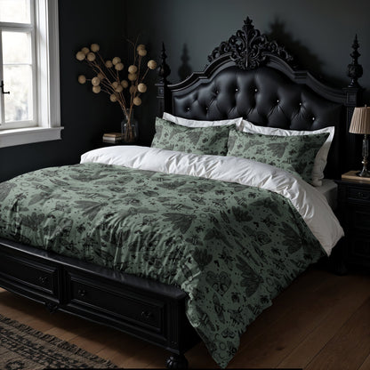 Dark bedroom with an ornate baroque bed and green moth and cicada bedding