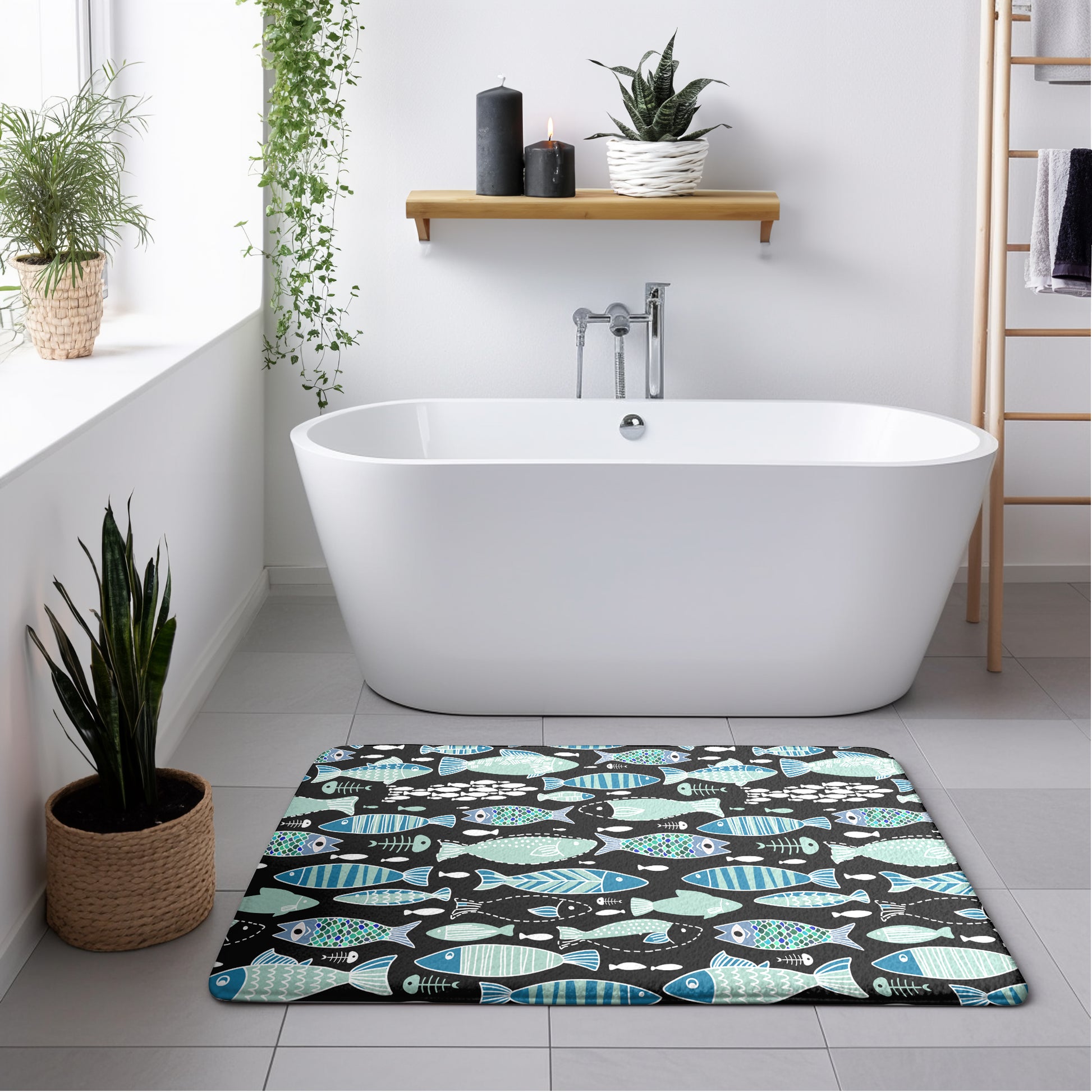 Mediterranean Sardine Skeleton Bath Mat - Black & Teal - Red Finch Creations