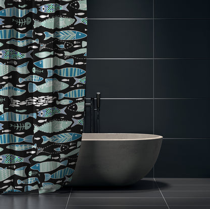 Teal Abstract Sardine Skeleton Shower Curtain - Blue - Red Finch Creations