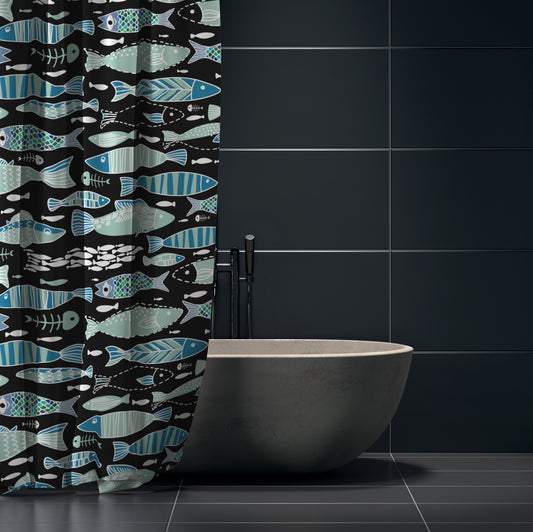 Teal Abstract Sardine Skeleton Shower Curtain - Blue - Red Finch Creations