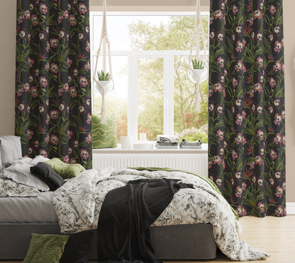 colorful gothic floral skull flower window curtain in moody boho bedroom