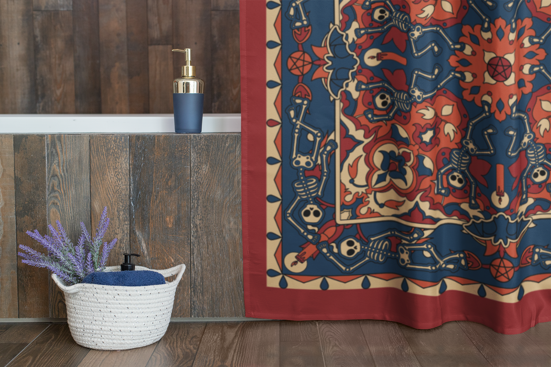 Dancing Skeleton Shower Curtain - Rust Red & Midnight Blue - Red Finch Creations