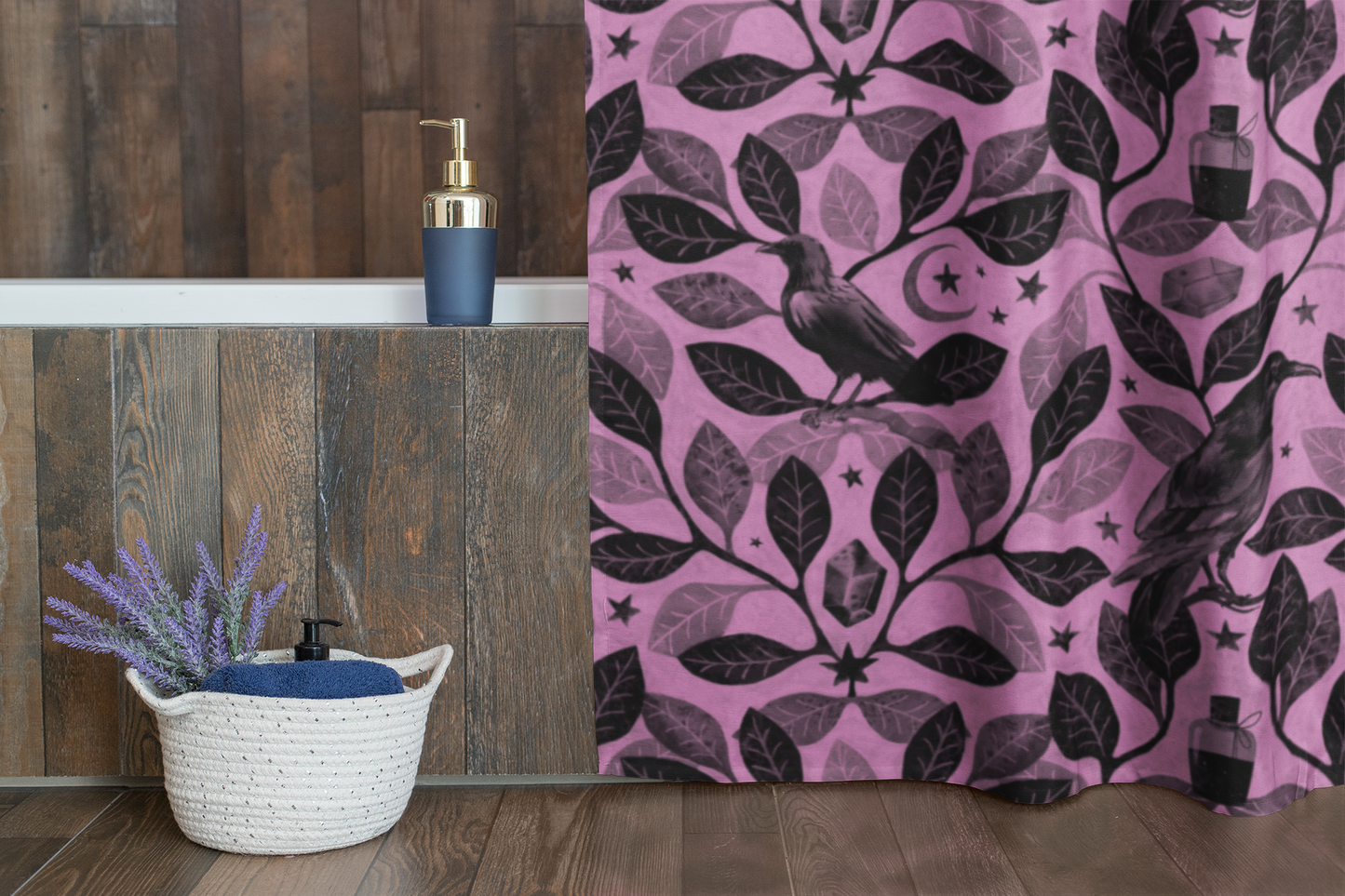 Witchy Watercolor Raven Shower Curtain - Pink - Red Finch Creations