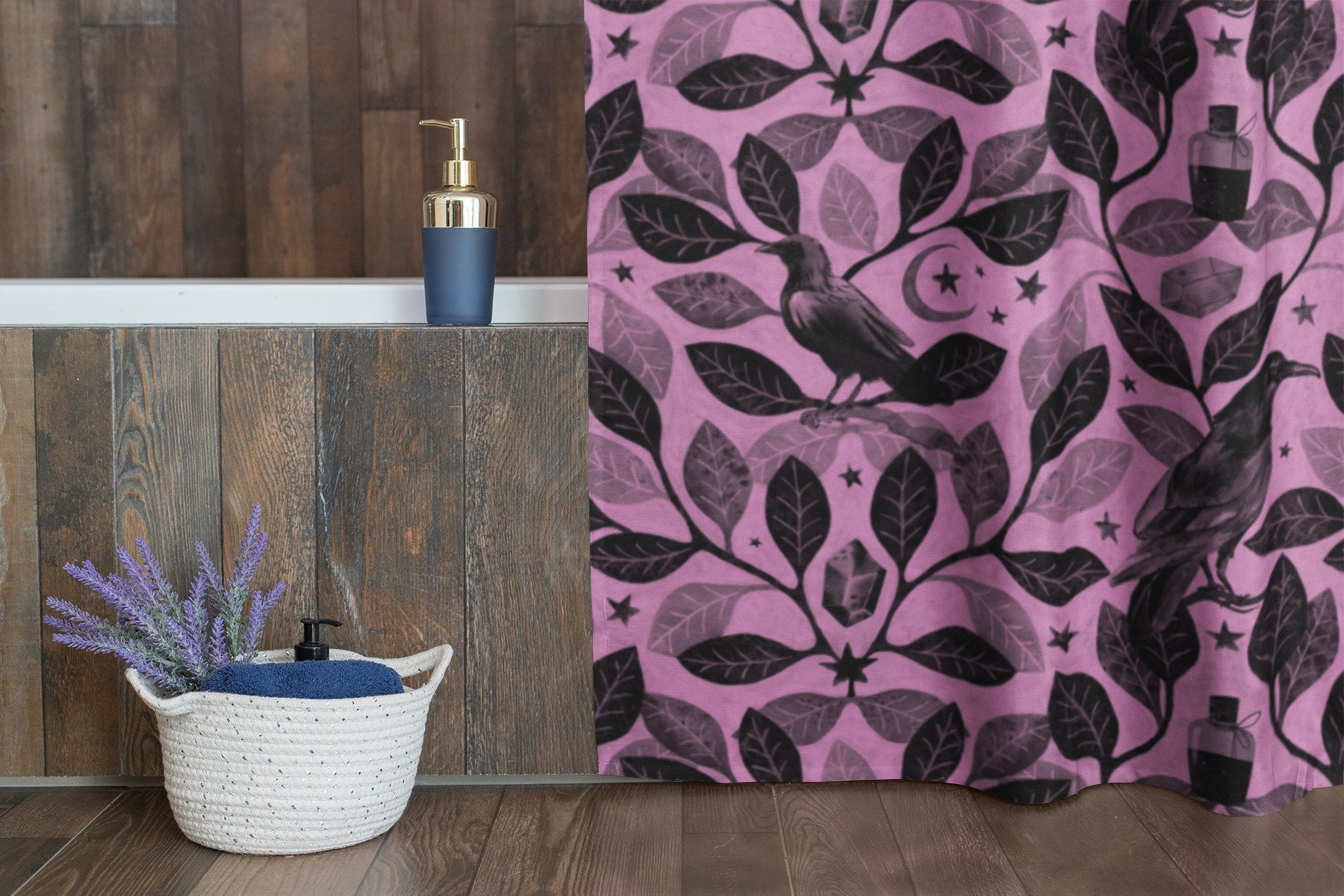 Witchy Watercolor Raven Shower Curtain - Pink - Red Finch Creations