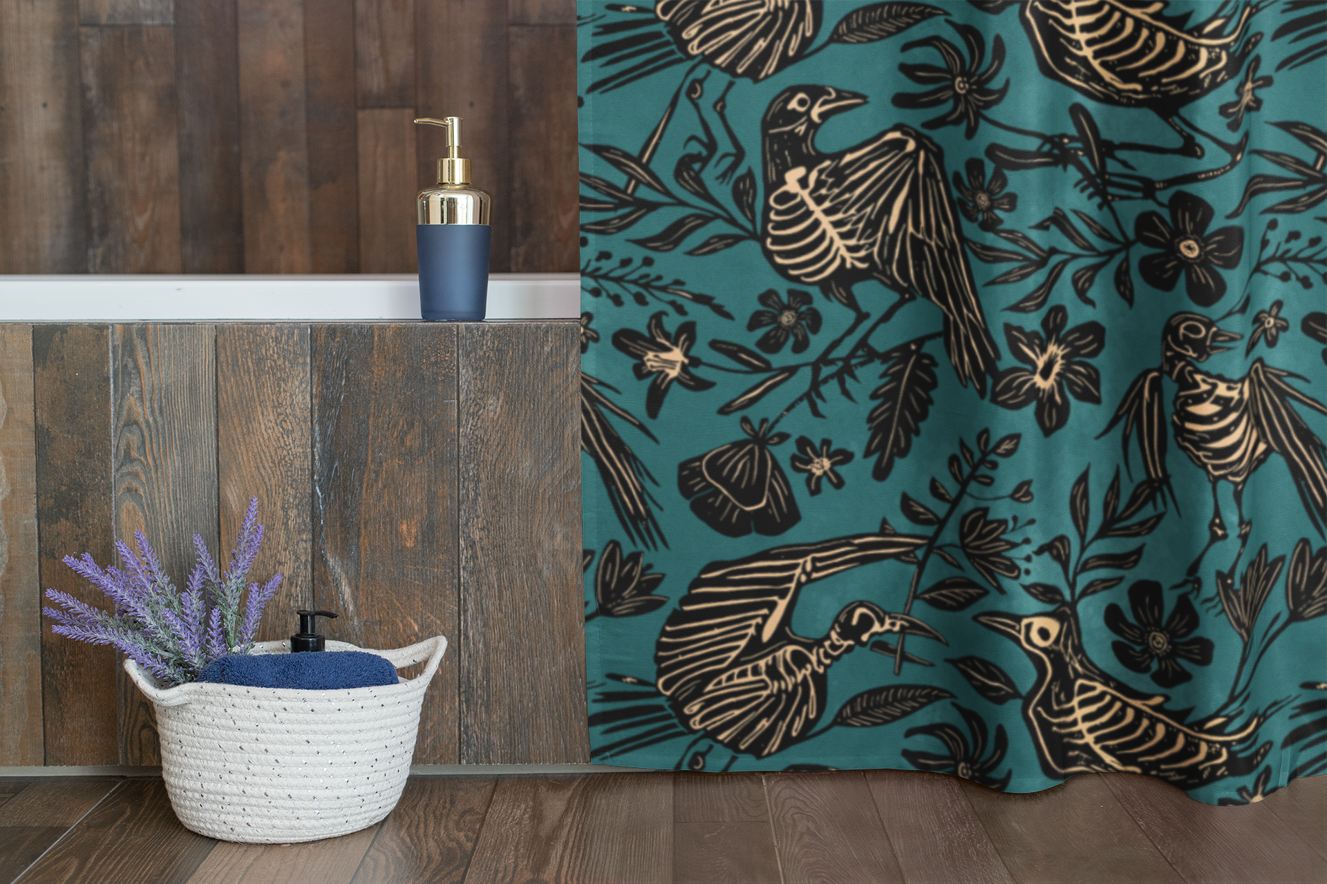 Teal Floral Bird Skeleton Shower Curtain - Red Finch Creations