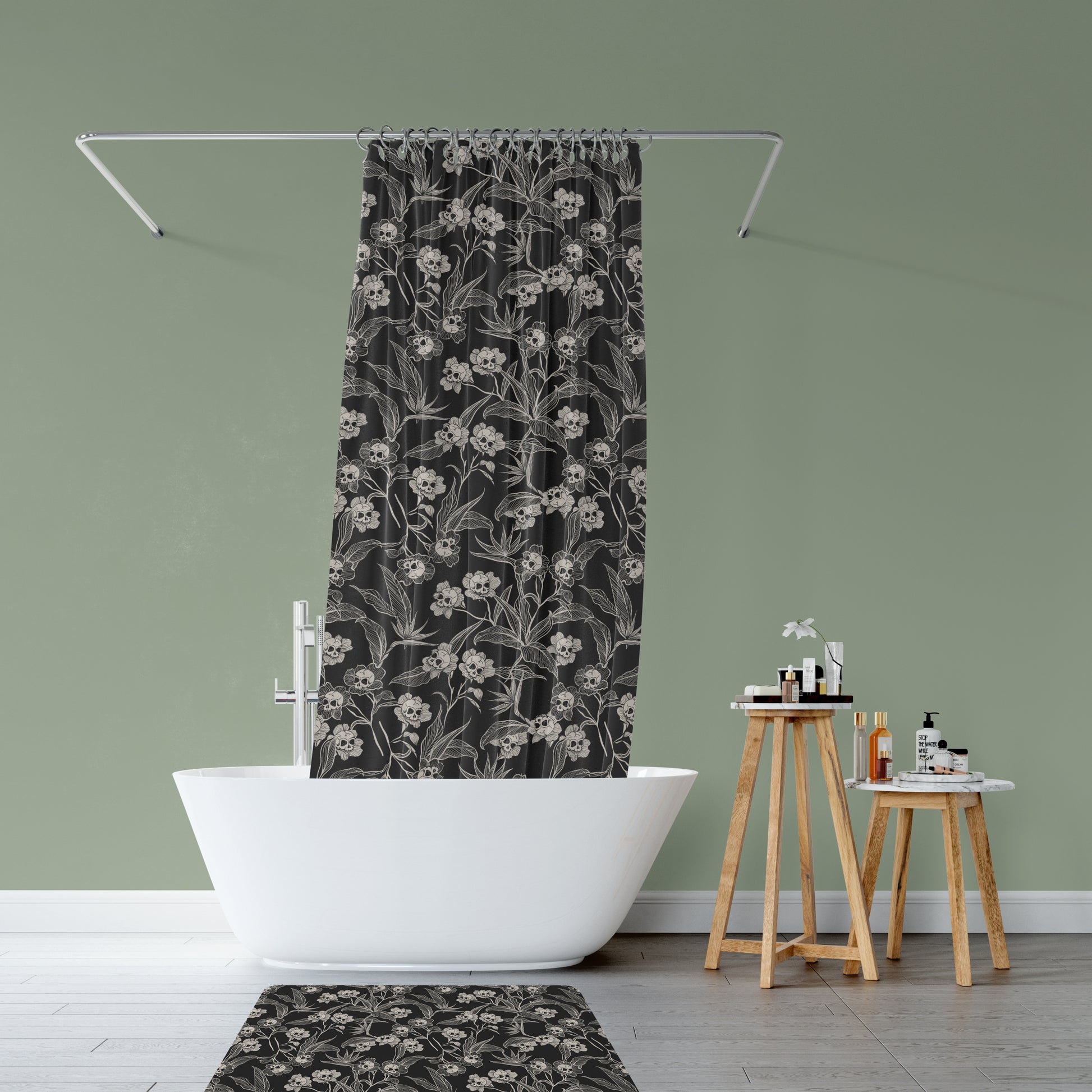 Gothic Floral Skull Flower Bath Mat - Red Finch Creations
