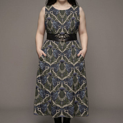 plus sized goth woman wearing a witchy raven thistle patterned dress with a belt on a plain background
