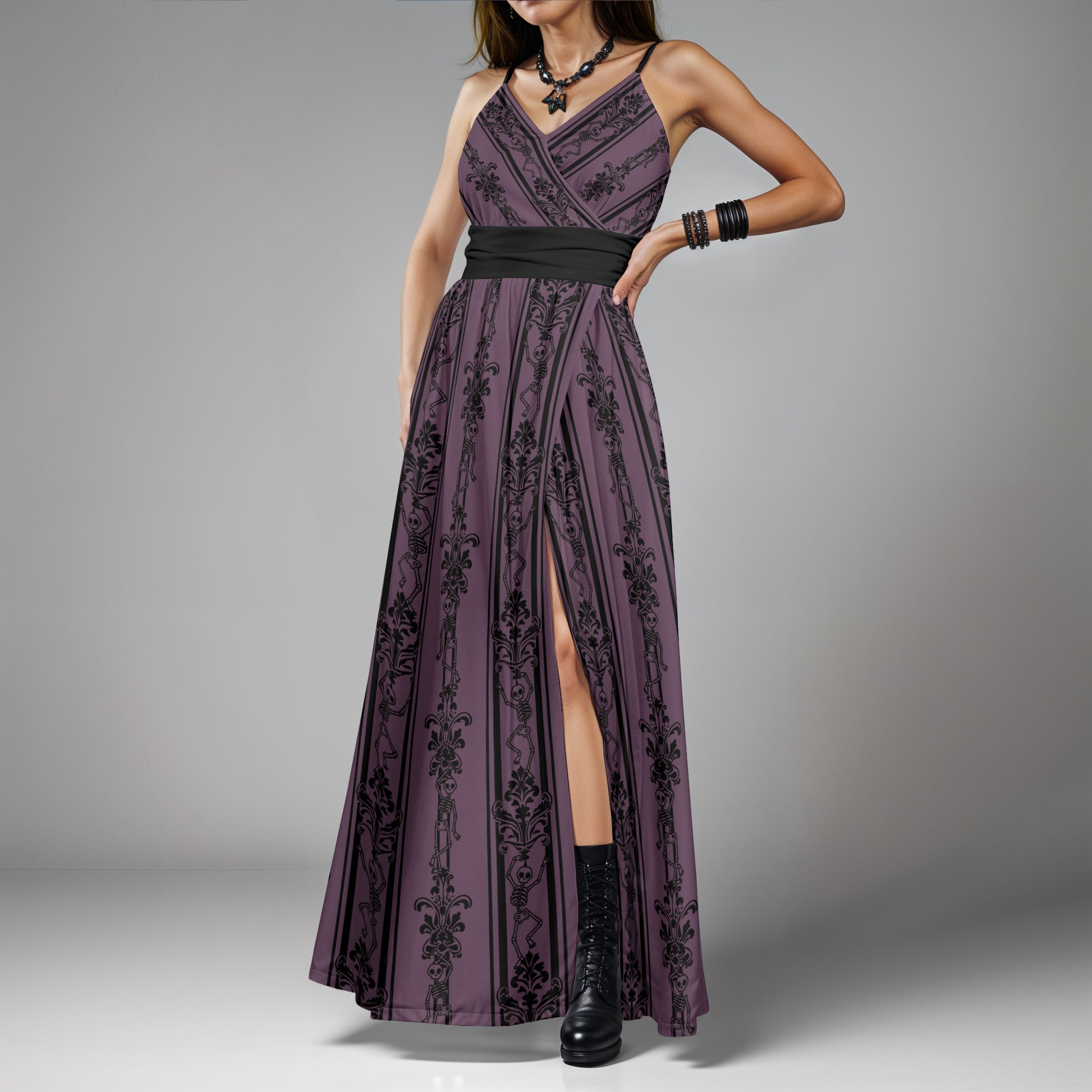 Dark Baroque Dancing Skeleton Pattern Long Dress 