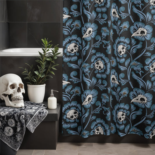 Gothic Victorian Floral Skull Shower Curtain - Blue - Red Finch Creations