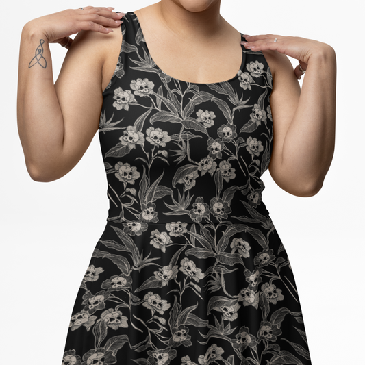 Gothic Floral Skull Flower Skater Dress - Red Finch Creations