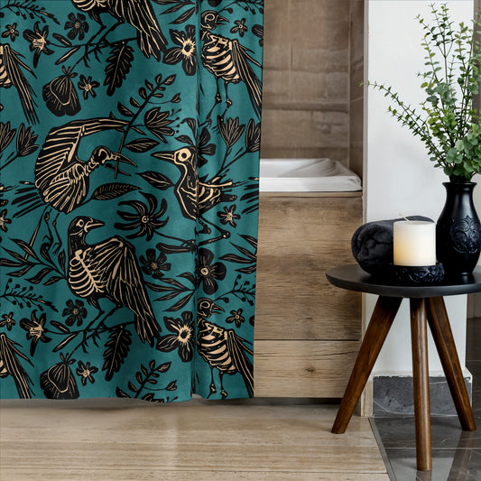 Teal Floral Bird Skeleton Shower Curtain - Red Finch Creations