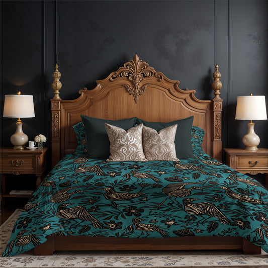 Spooky Folk Art Bird Skeleton Duvet Cover - Teal - Red Finch Creations