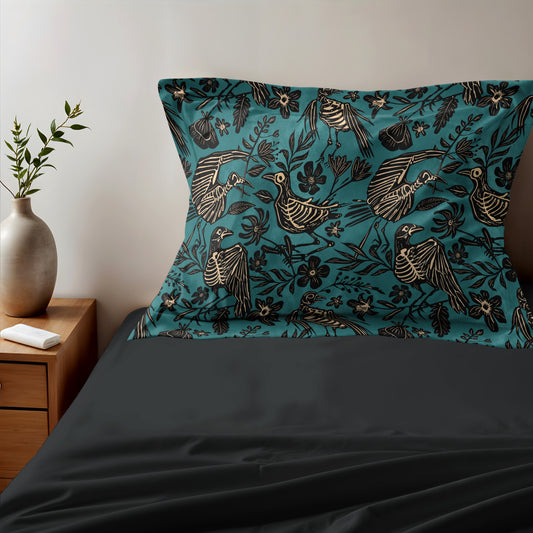 Spooky Folk Art Bird Skeleton Microfiber Pillow Sham - 1pc Teal - Red Finch Creations