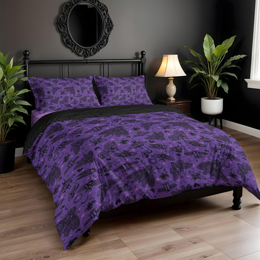 Cicada Moth Three Piece Bedding Set - Purple