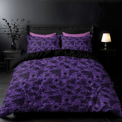 Cicada Moth Three Piece Bedding Set - Purple