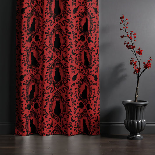victorian cat curtains in black and moroccan red in a baroque gothic setting and witchy vibes