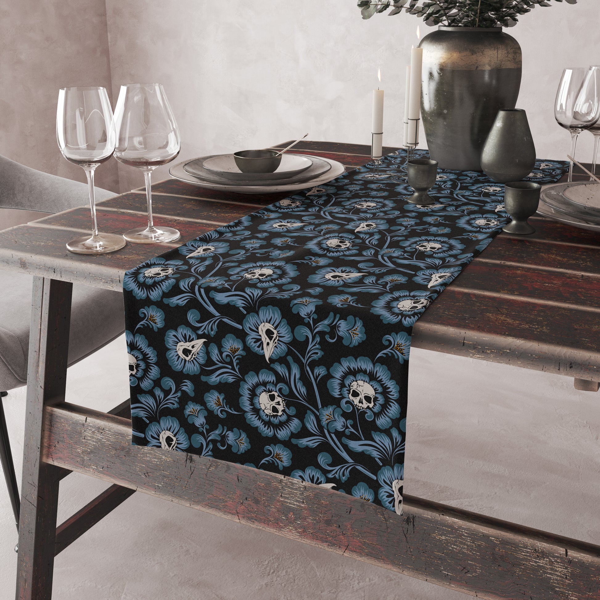 Victorian Skull Flower Table Runner - Blue - Red Finch Creations