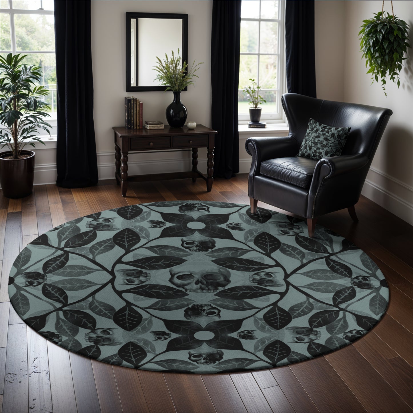 Watercolor Botanical Skull Round Rug - Blue