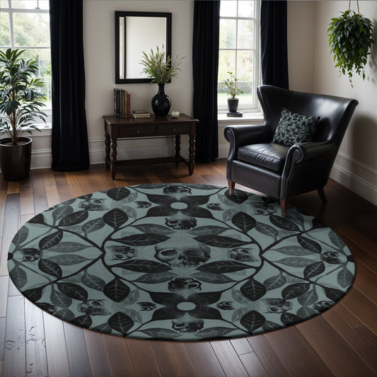 Watercolor Botanical Skull Round Rug - Blue