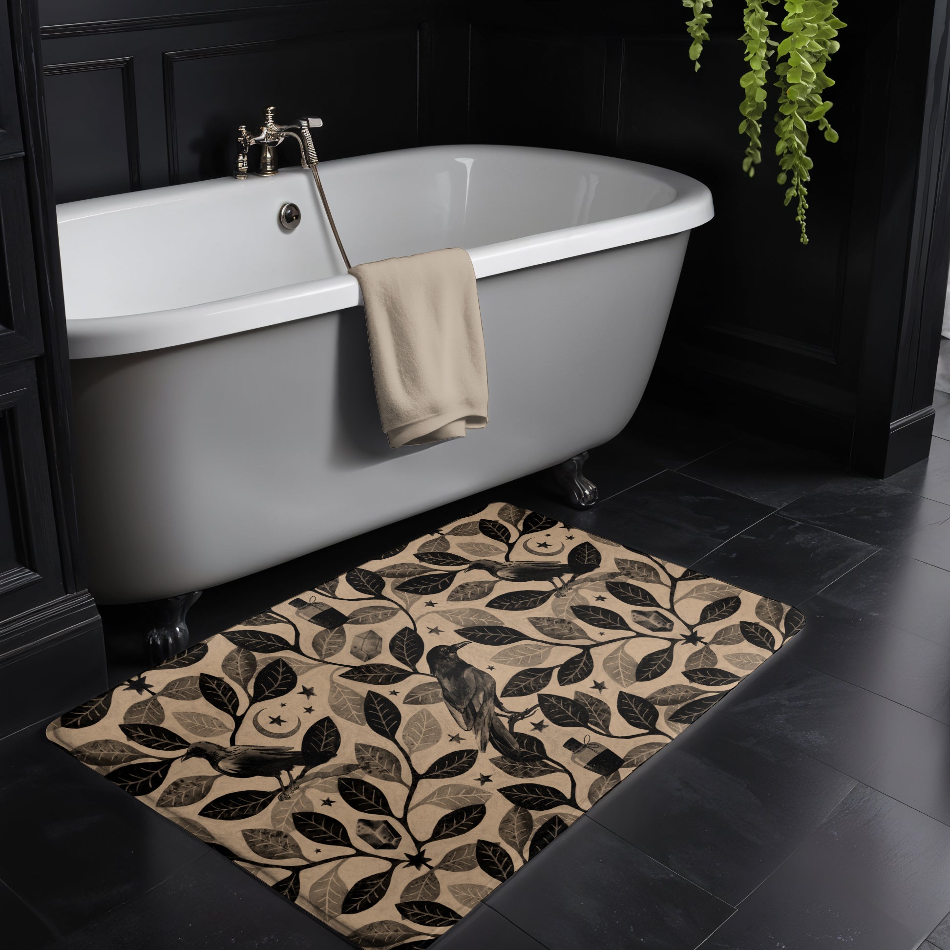 Witchy Watercolor Raven Bath Mat - Beige - Red Finch Creations