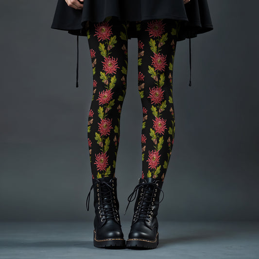 witchy chrysanthemum moth leggings with moody cottagecore vibes on a gothic woman wearing combat boots