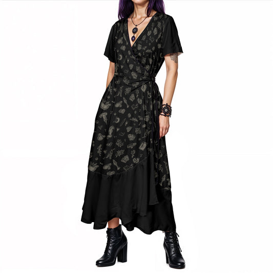 witchy spells and potions occult maxi wrap dress in black and gray on a gothic woman with purple hair