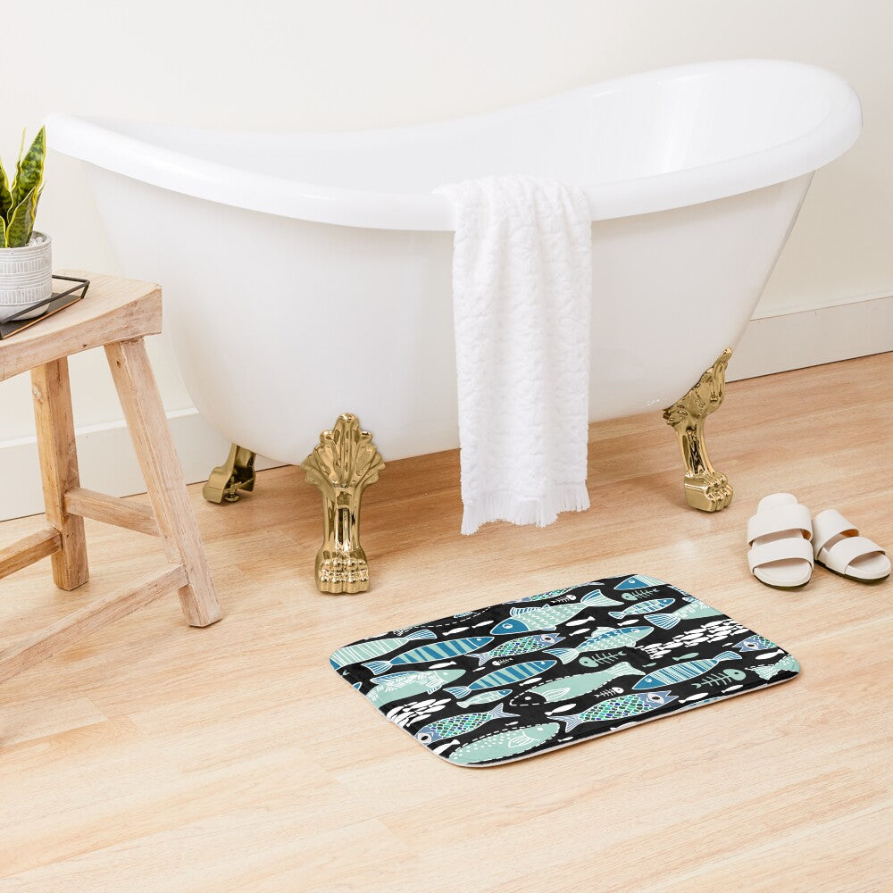 Mediterranean Sardine Skeleton Bath Mat - Black & Teal - Red Finch Creations