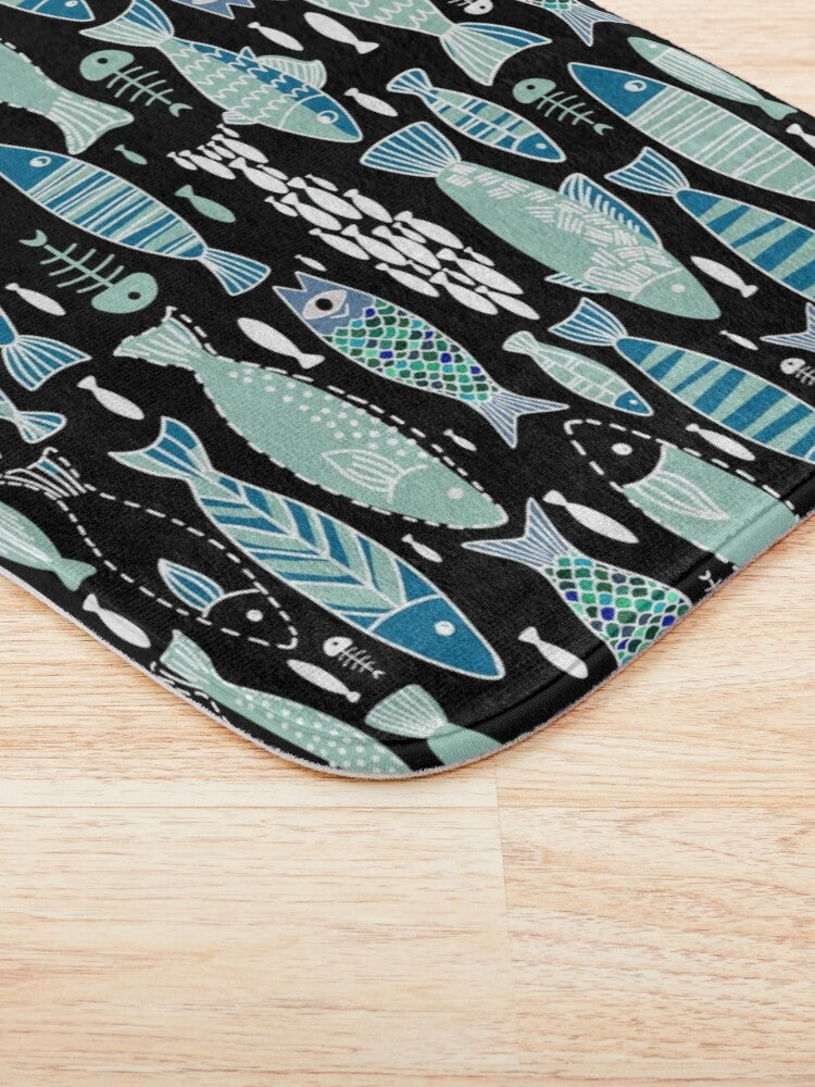 Mediterranean Sardine Skeleton Bath Mat - Black & Teal - Red Finch Creations