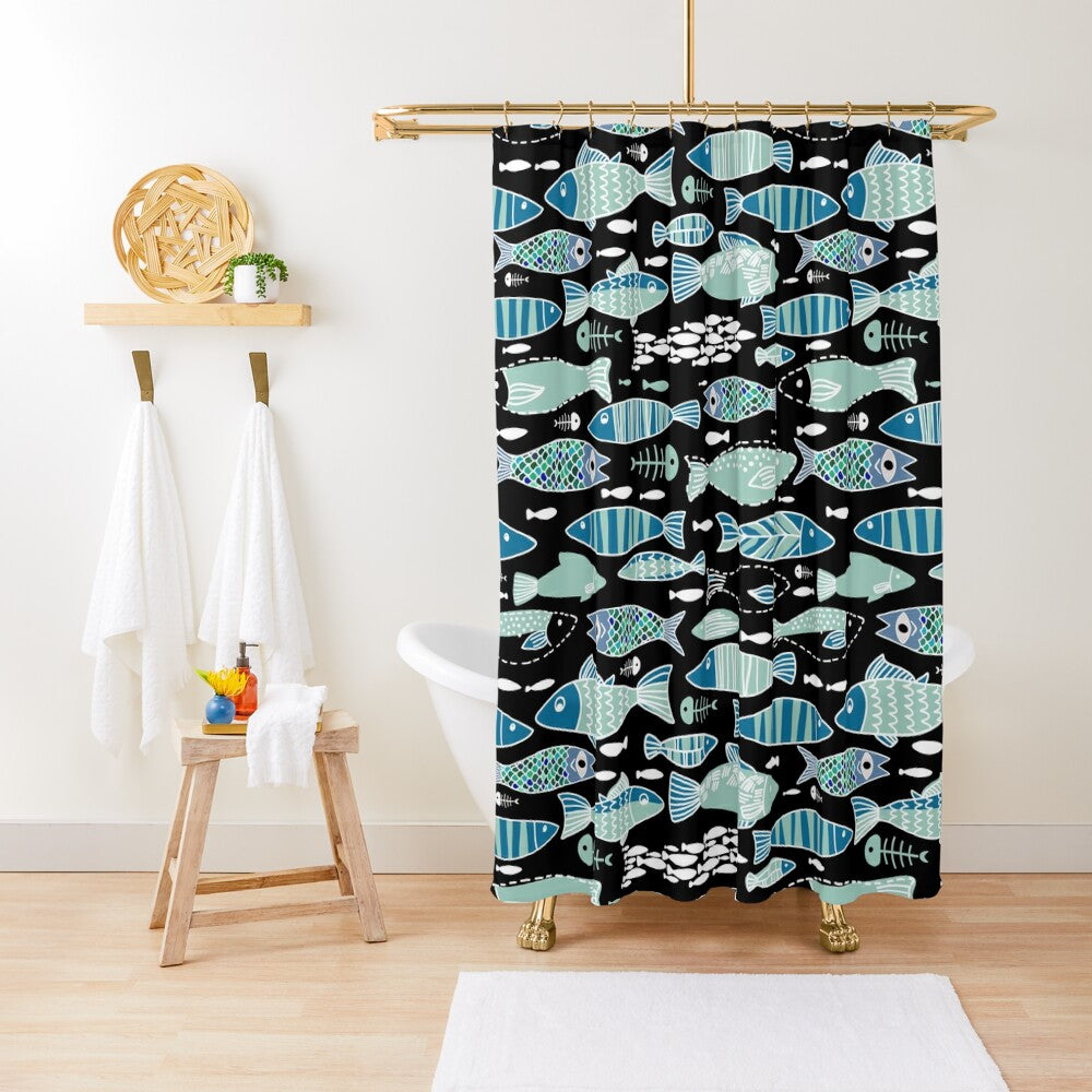 Teal Abstract Sardine Skeleton Shower Curtain - Blue - Red Finch Creations