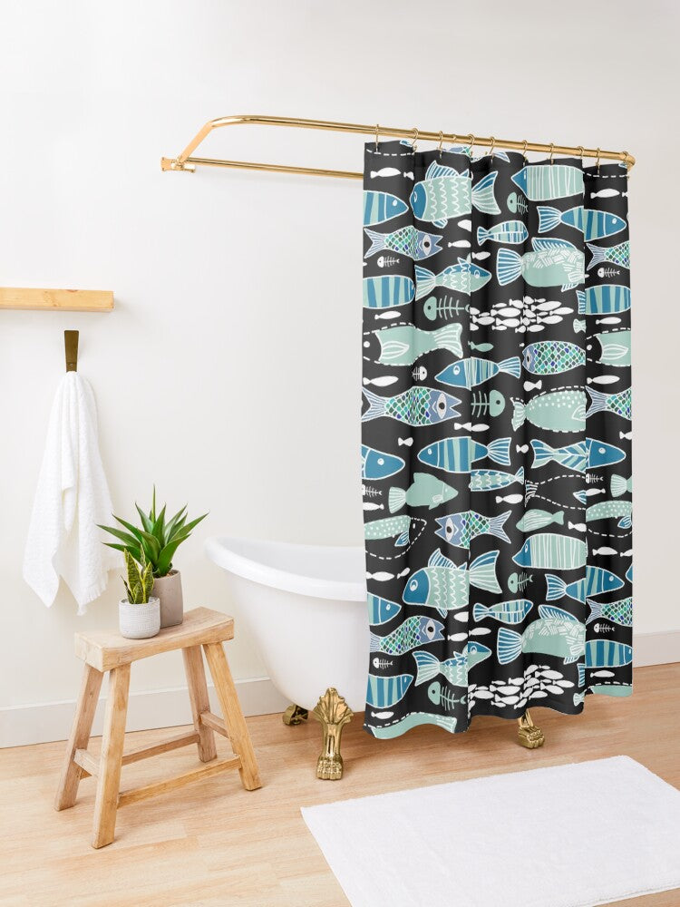 Teal Abstract Sardine Skeleton Shower Curtain - Blue - Red Finch Creations