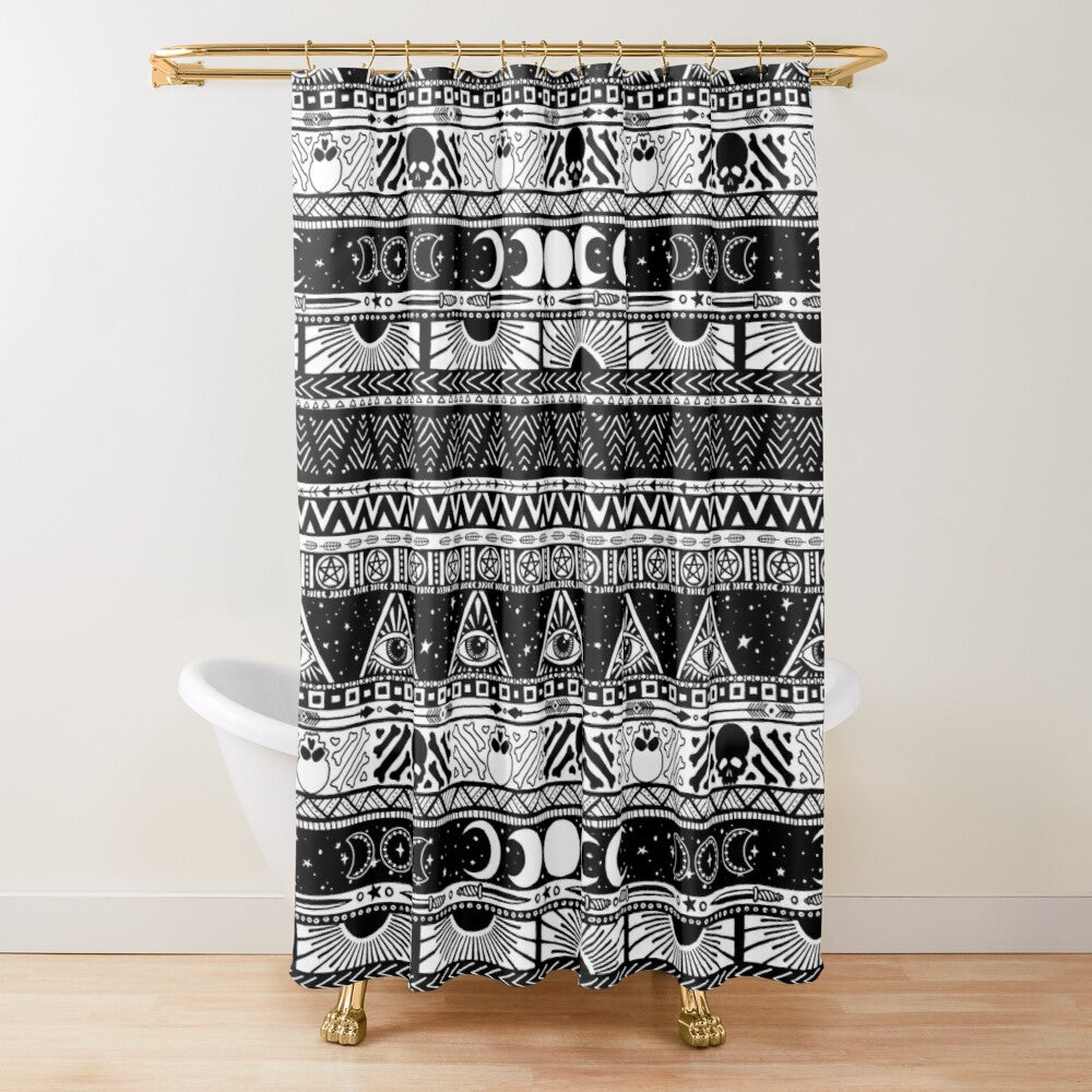 Boho Tribal Witch Shower Curtain - Black + White - Red Finch Creations