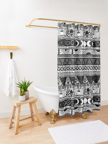 Boho Tribal Witch Shower Curtain - Black + White - Red Finch Creations