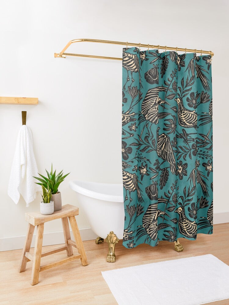 Teal Floral Bird Skeleton Shower Curtain - Red Finch Creations