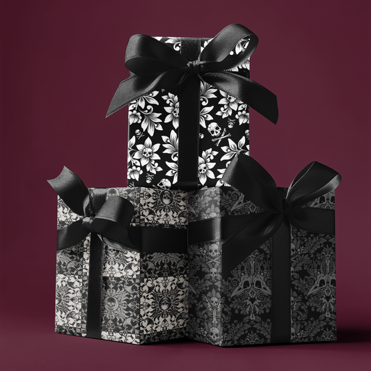 Three gift boxes with spooky gothic wrapping paper and black ribbons on a dark red background