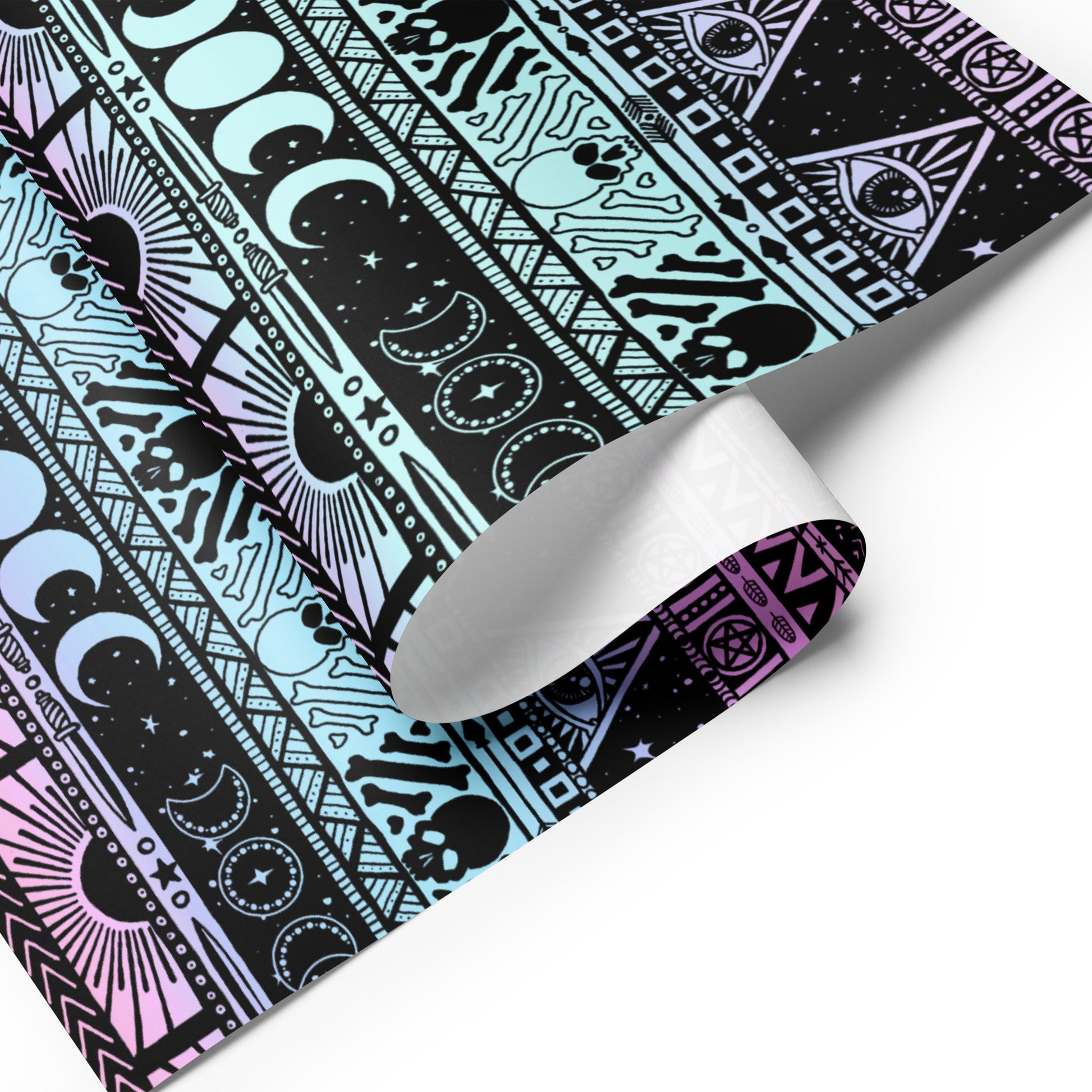 Roll of decorative paper with black, blue, and pink geometric gothic patterns on a white background