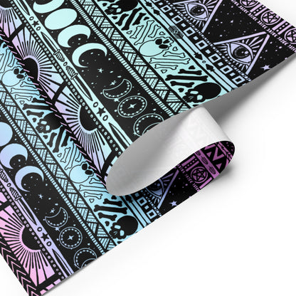 Roll of decorative paper with black, blue, and pink geometric gothic patterns on a white background