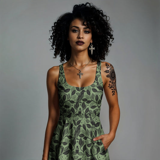 Green Botanical Raven Dress w/ Pockets - XS - 6XL
